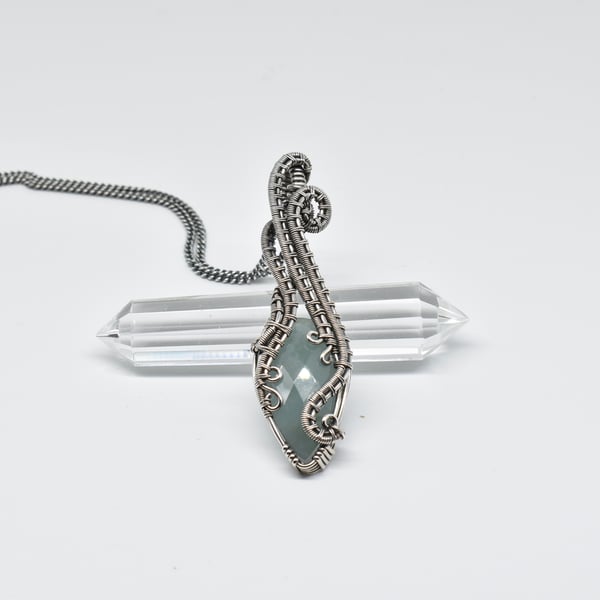 Faceted Aquamarine and Silver Wrapped and Woven Pendant on an 18" Chain