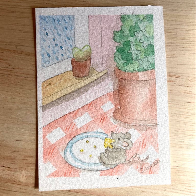 Stormy Snack, miniature watercolour painting on watercolour paper, trading card