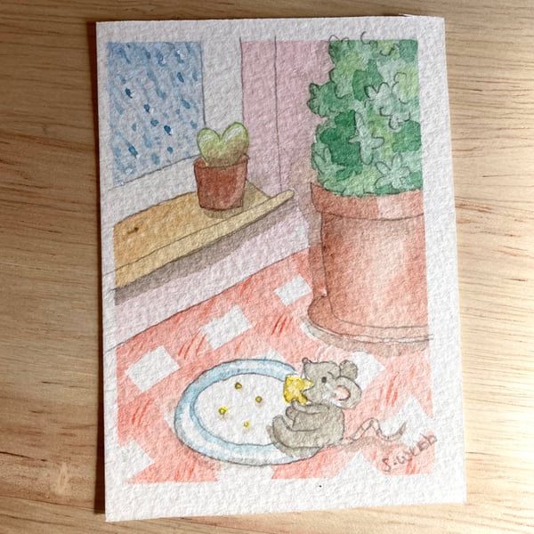 Stormy Snack, miniature watercolour painting on watercolour paper, trading card