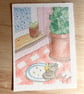 Stormy Snack, miniature watercolour painting on watercolour paper, trading card - Image 1