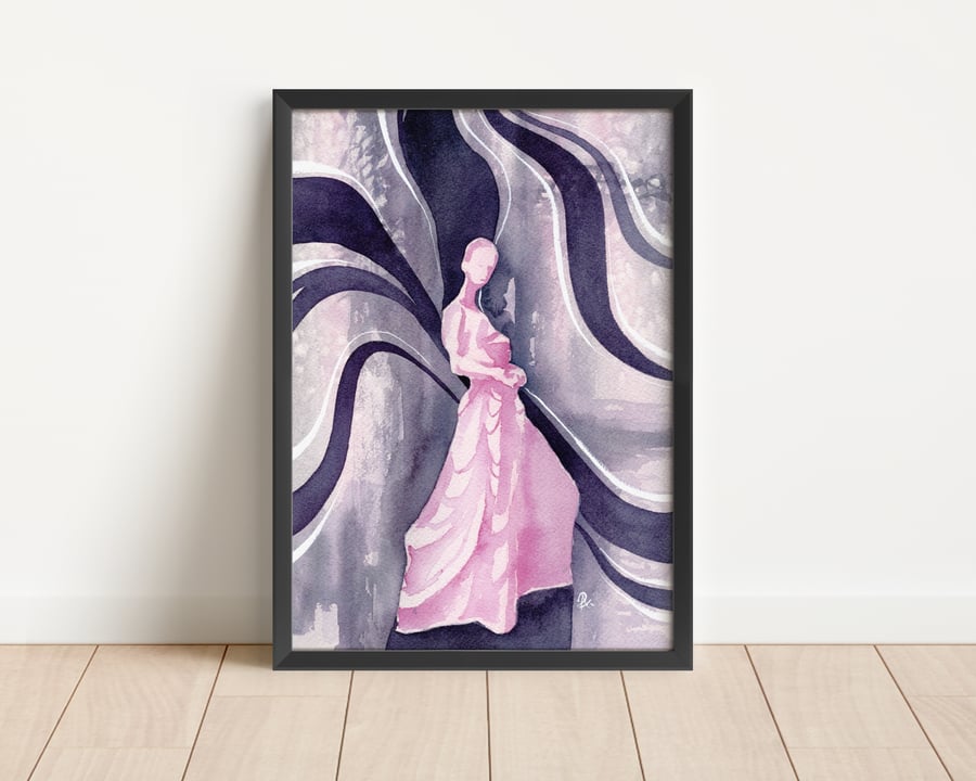Watercolour Painting, Lady In Pink, Original Hand Painted Wall Art, Abstract