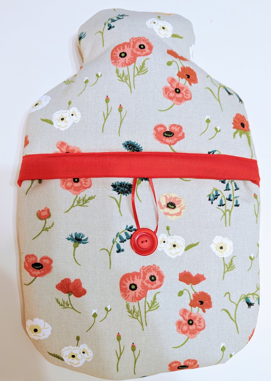 Hot water bottle cover in Sophie Allport Poppy Meadow fabric 