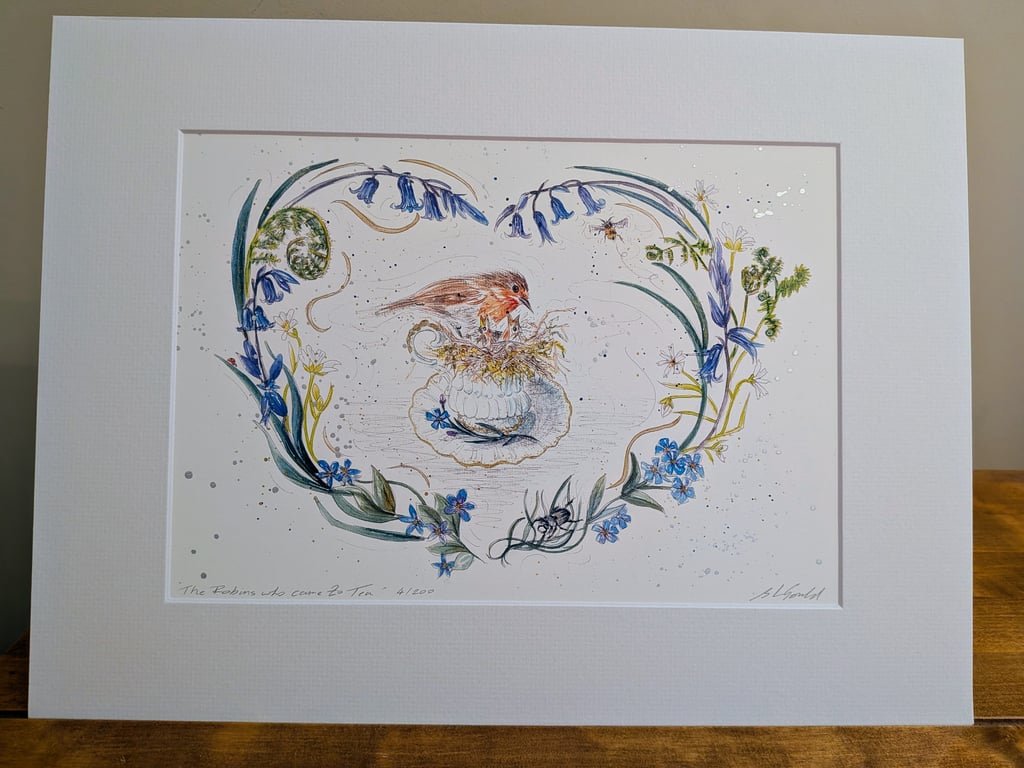 The Robins who came to Tea, An A4 or A5 limited edition print