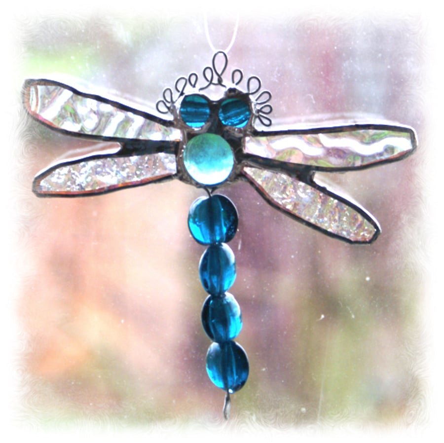 Dragonfly Suncatcher Stained Glass Aqua Bead-Tailed  