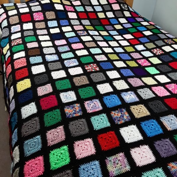 Hand crocheted King size traditional vintage style granny square blanket  