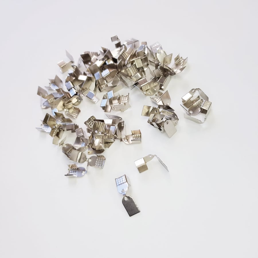 50 Pcs 11mm x 6mm Fold Over Silver Cord  Crimp Clasp Clips Connectors End Caps