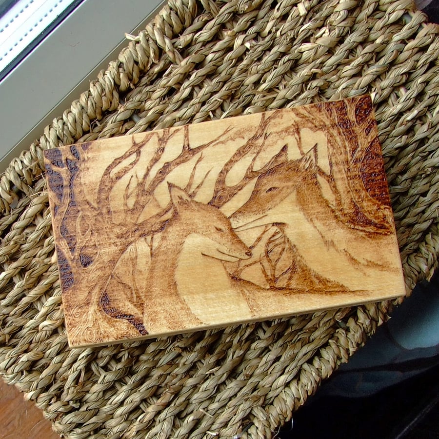 Wooden Trinket Box with Foxes decorated using Pyrography