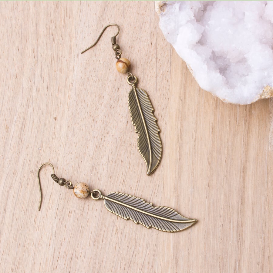 Bronze feather earrings with picture jasper - long dangle gemstone earrings