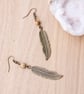Bronze feather earrings with picture jasper - long dangle gemstone earrings - Image 1