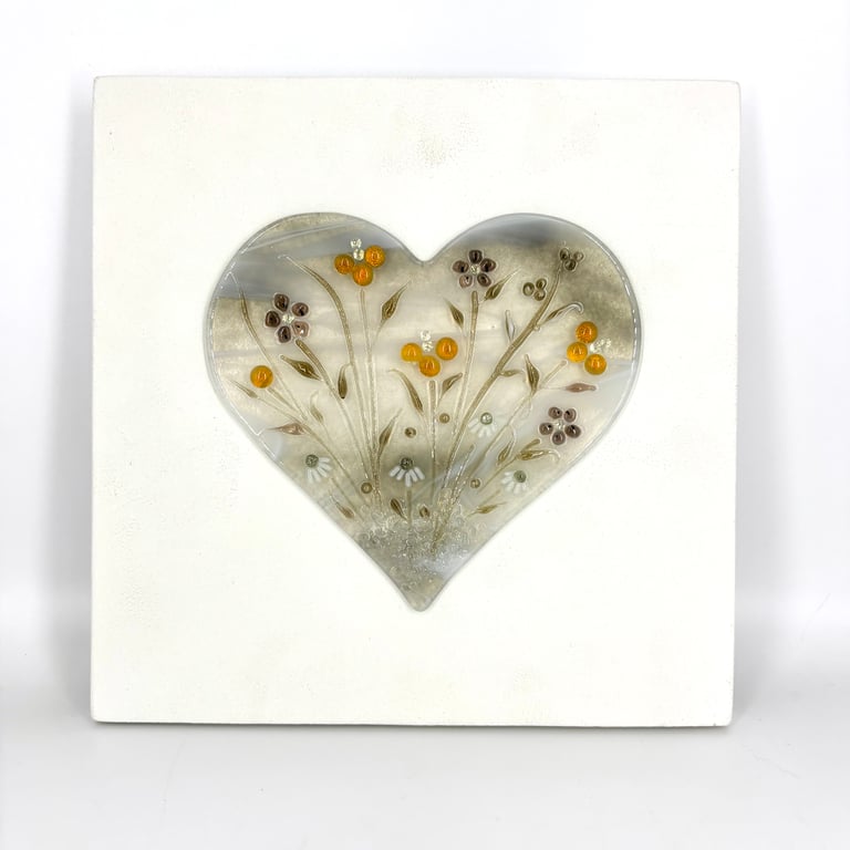 Glass Wild Flower Meadow Heart Picture in Neutral Shades