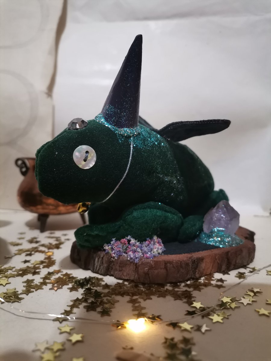 Velvet Magical Companion Frog – Unique Handmade Art Doll on Wooden Base