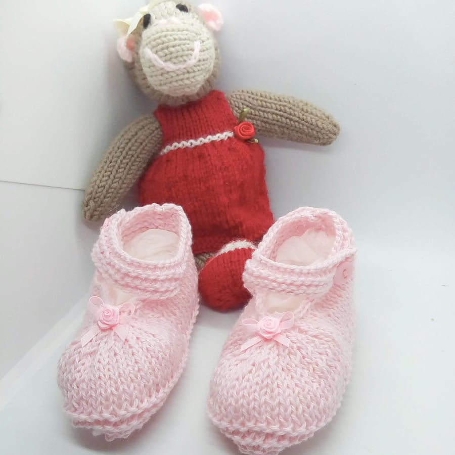 Dainty Pink Shoes with Rosebud Decoration, 3 - 9 Months Shoes, Baby Shower Gift