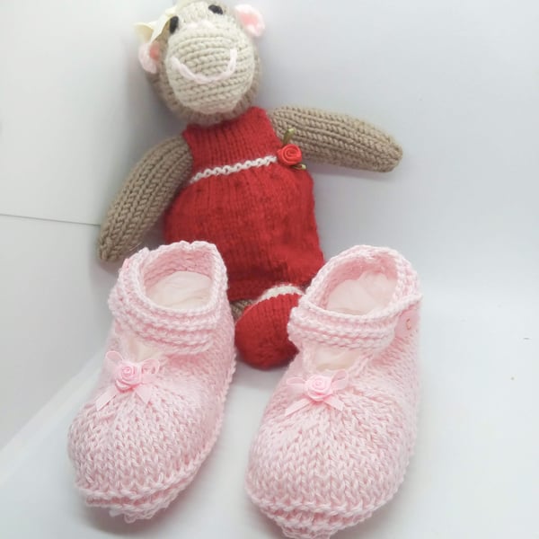 Dainty Pink Shoes with Rosebud Decoration, 3 - 9 Months Shoes, Baby Shower Gift