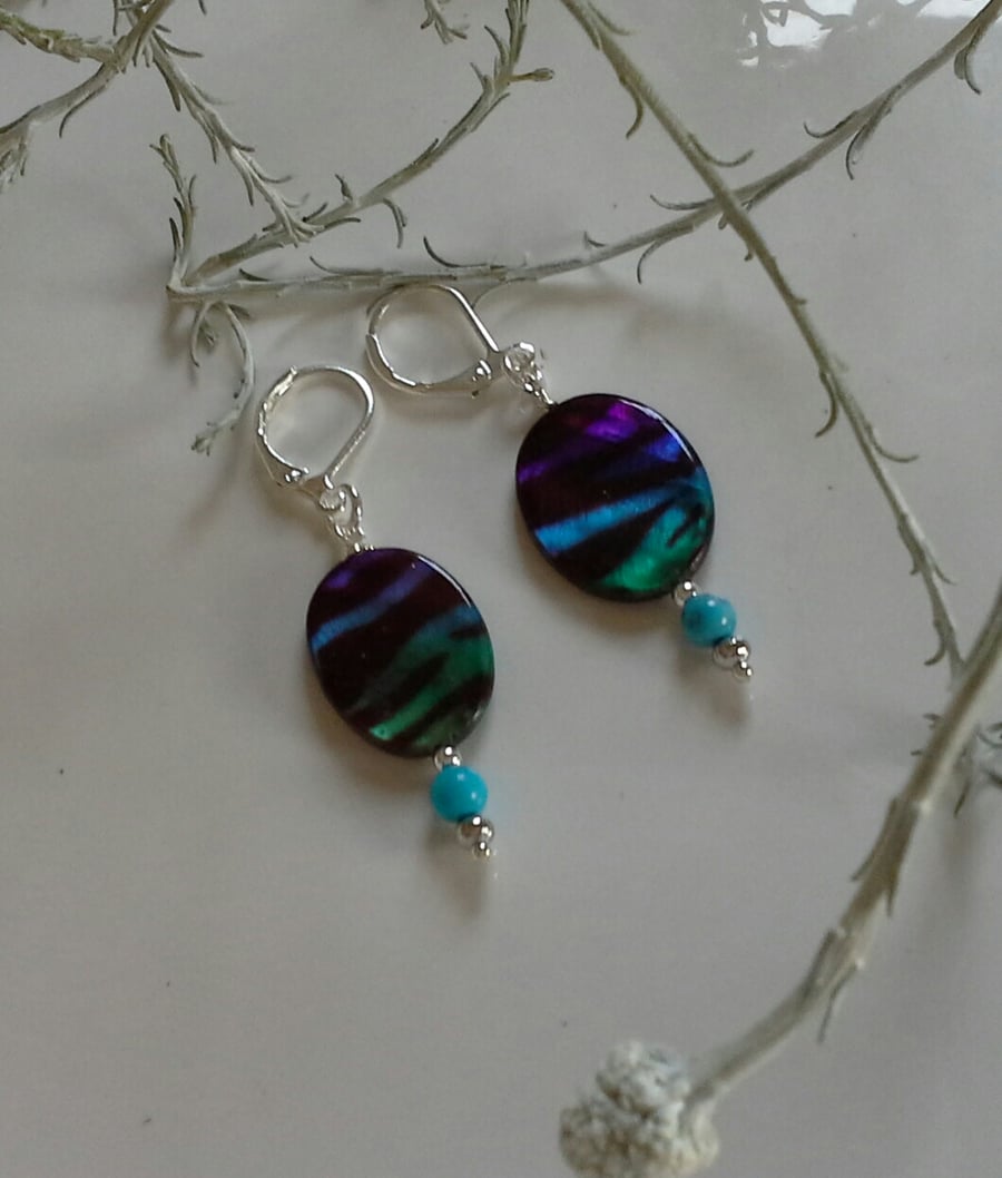 Printed Dyed Mother of Pearl Leaver Back Silver Plated Earrings