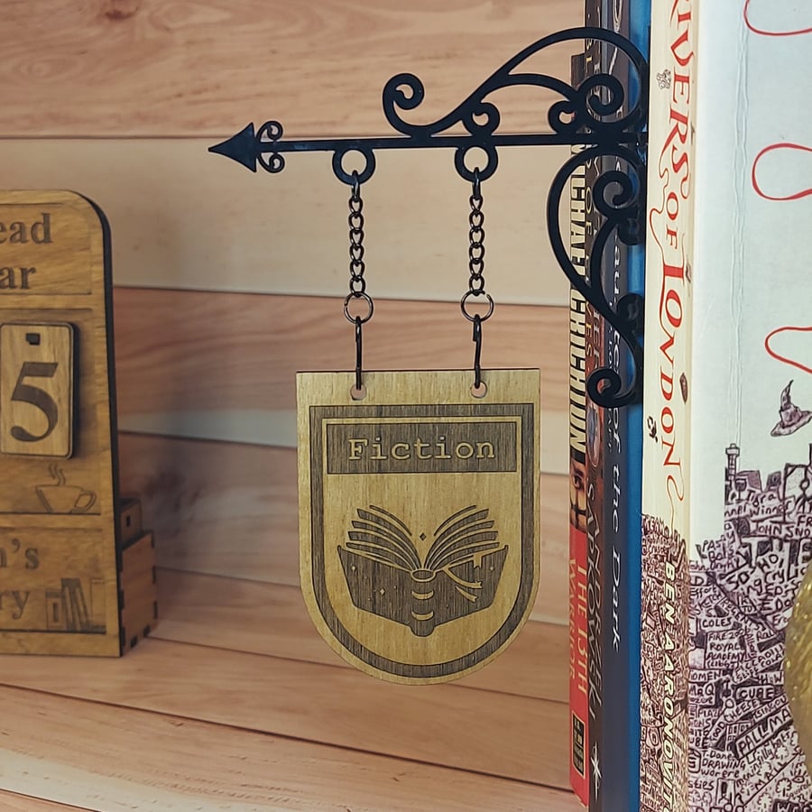 Fiction Genre Divider Bookshelf Decor  Solid Walnut Library Sign