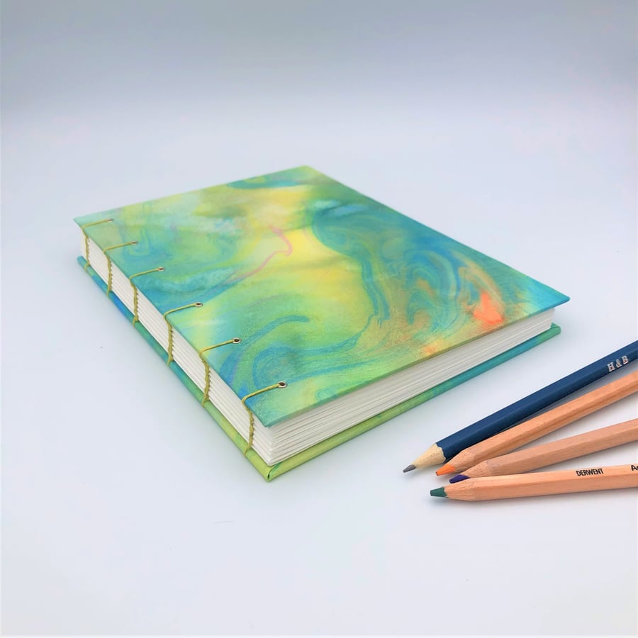 Hand marbled greeny-yellow  Sketchbook - A5 coptic stitch