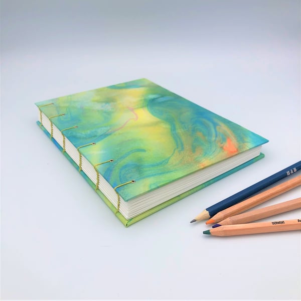 Hand marbled greeny-yellow  Sketchbook - A5 coptic stitch