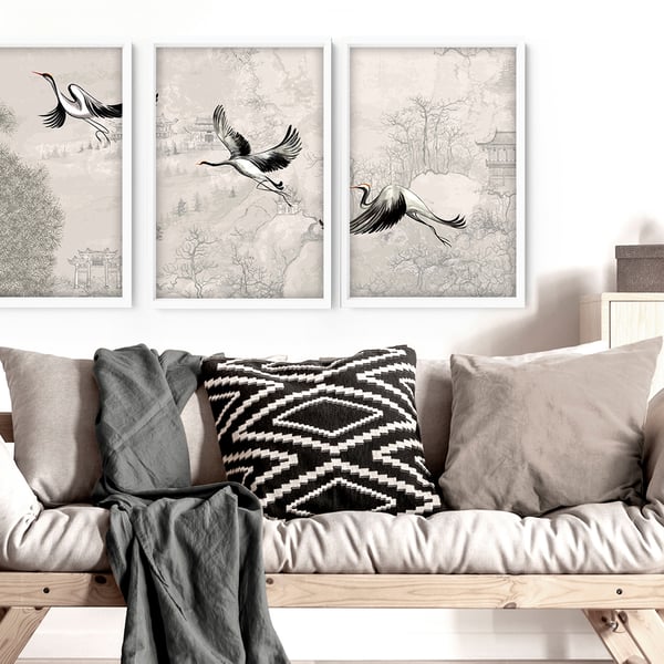 Home Decor Wall hanging, Japanese Art New Home gift, Japanese Cranes Home Decor 