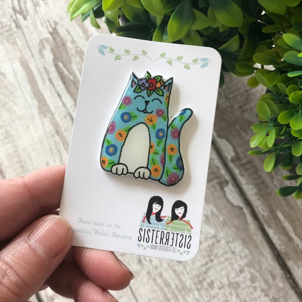 Frida's Cat - Blue Floral Cat - hand made Pin, Badge, Brooch
