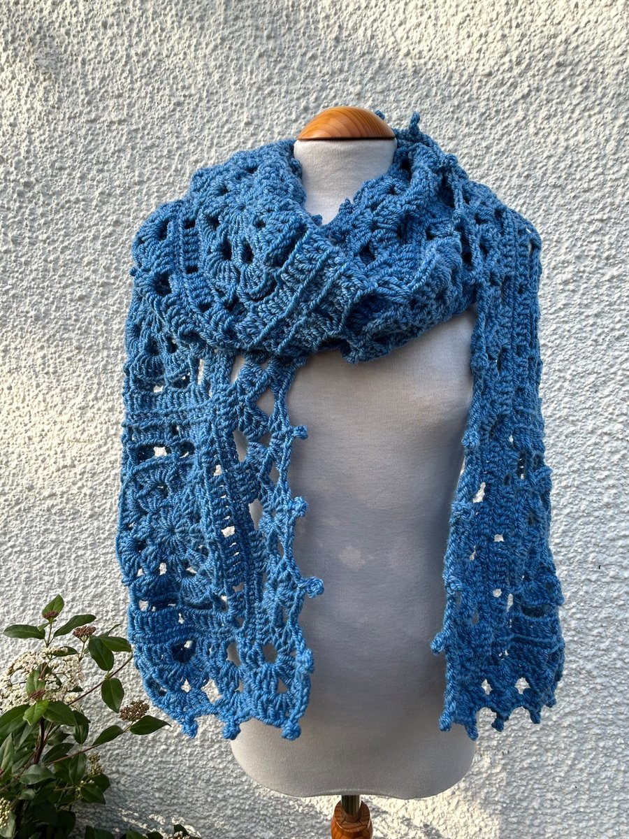 Sky Blue Handmade Lace Crochet Squares Oversized Scarf Neck Warmer