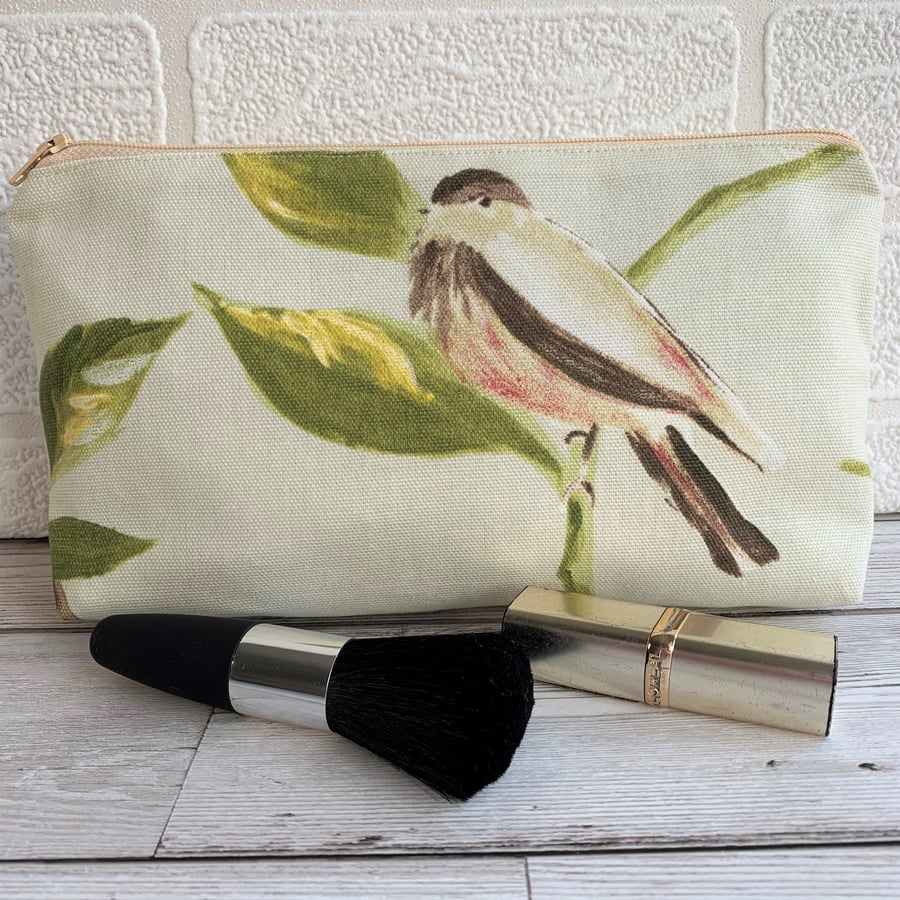 Bird make up bag, cosmetic bag with red, cream and black garden bird 