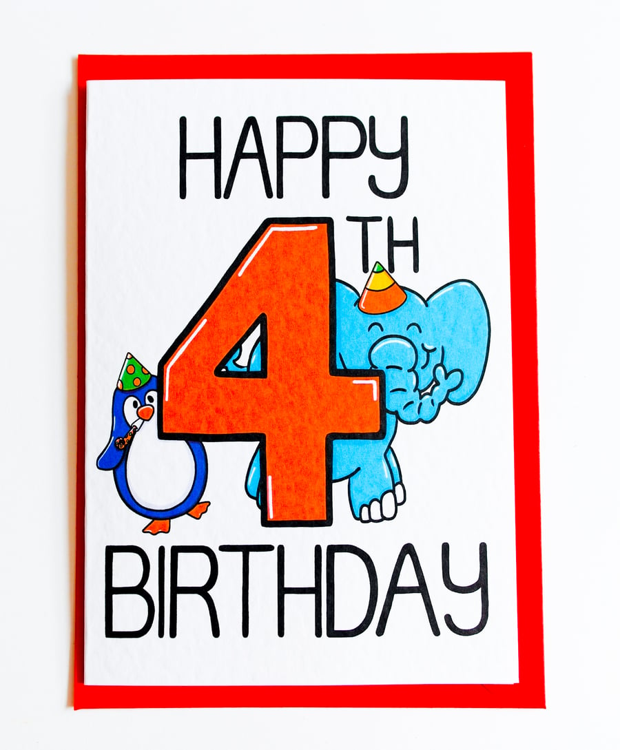 Happy 4th Birthday card, cute animal Birthday Card for 4 year old Boy or Girl