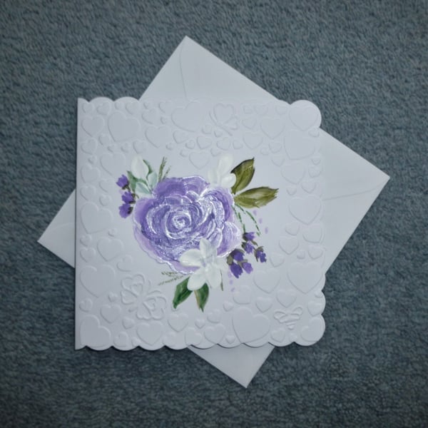hand painted heart embossed floral blank card ( ref F374.R3 )