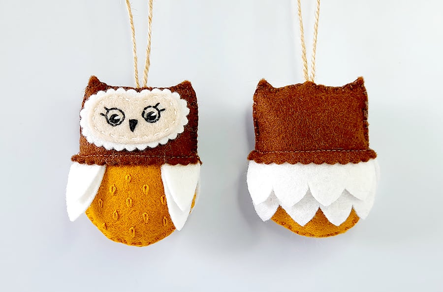 Felt Owl hanging decoration in browns and white