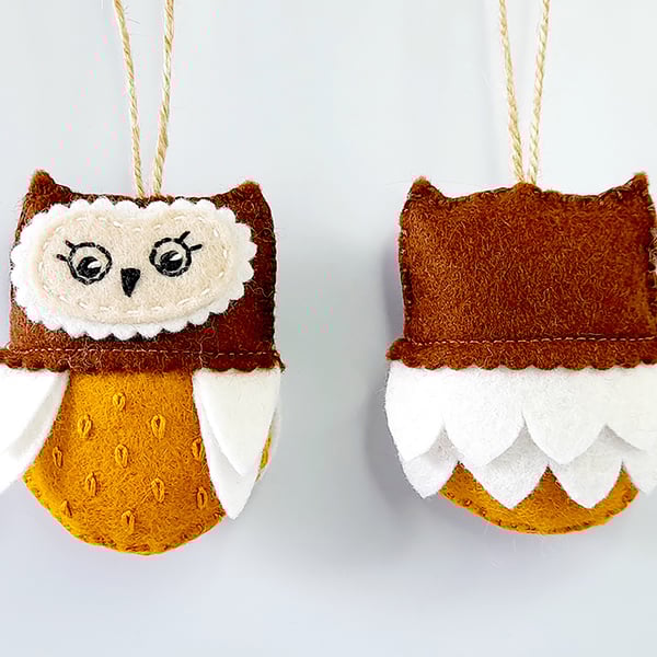 Felt Owl hanging decoration in browns and white