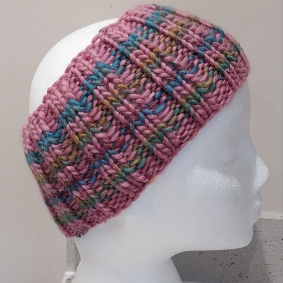Hand Knitted stripey Merino Headband in soft pink M