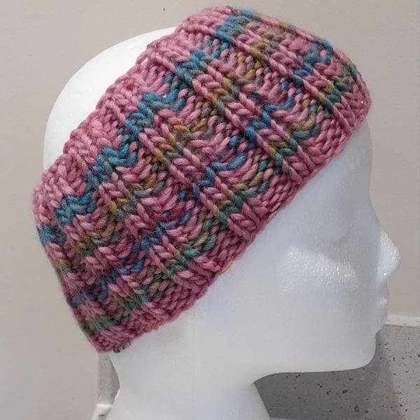Hand Knitted stripey Merino Headband in soft pink M