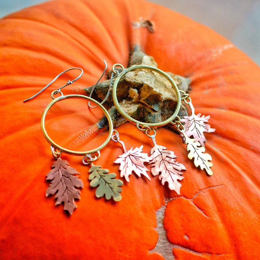 Seconds Sunday Autumn Leaf hoop earrings in brass and copper