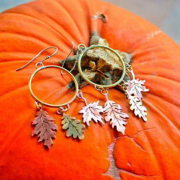 Seconds Sunday Autumn Leaf hoop earrings in brass and copper