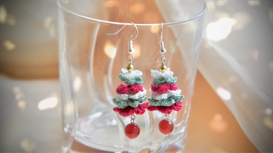 Red Carnelian Microcrochet Christmas tree Earrings