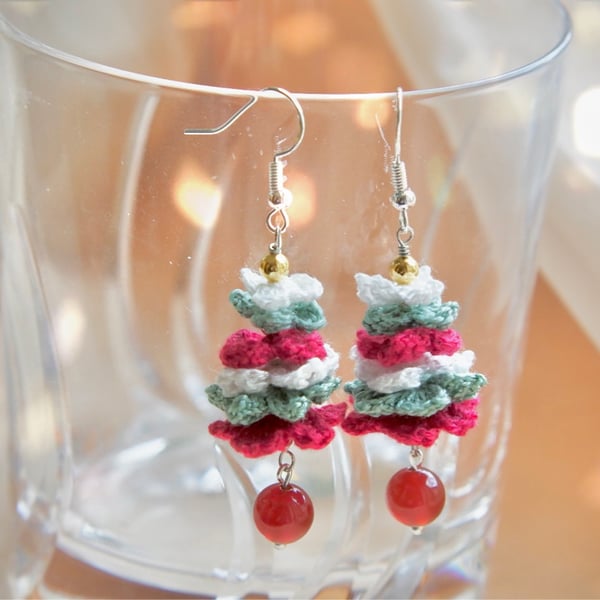 Red Carnelian Microcrochet Christmas tree Earrings Folksy