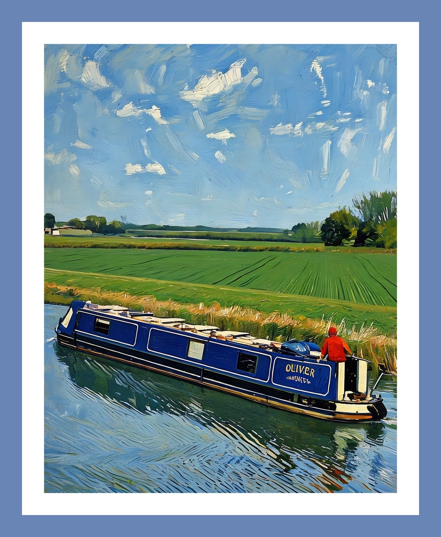 Blue Narrow Boat On The Fens Norfolk Autumn Time Greeting Card A5 