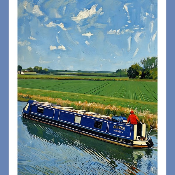Blue Narrow Boat On The Fens Norfolk Autumn Time Greeting Card A5 