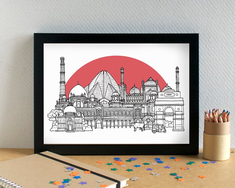 Delhi Landmarks Skyline Art Print