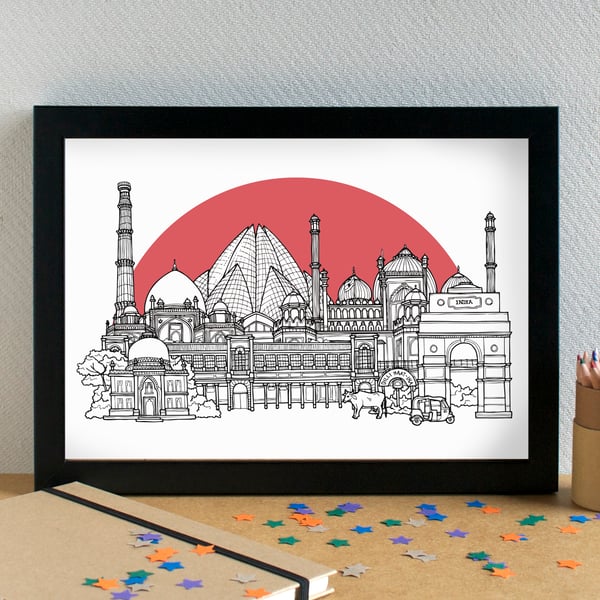 Delhi Landmarks Skyline Art Print