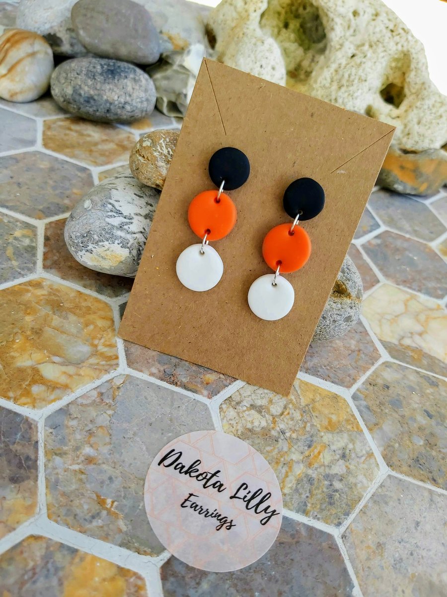Black, orange and white, fox, triple drop earrings