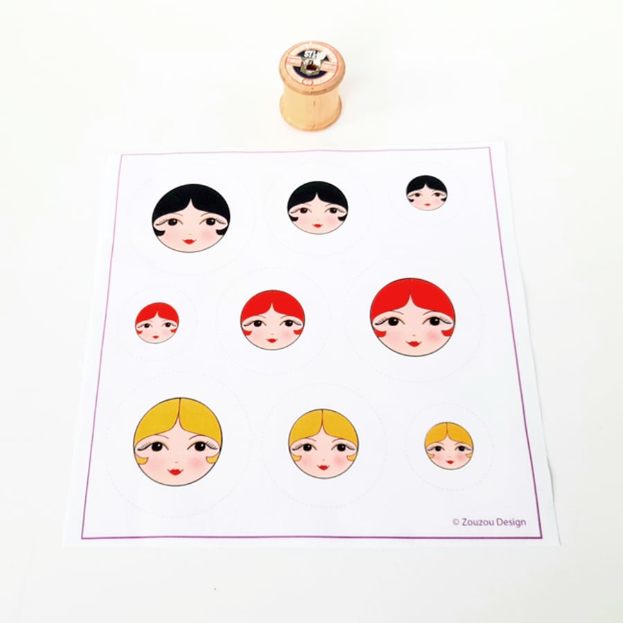 Tiny Doll Faces Fabric Panel for Making Covered Buttons (Set of 9)
