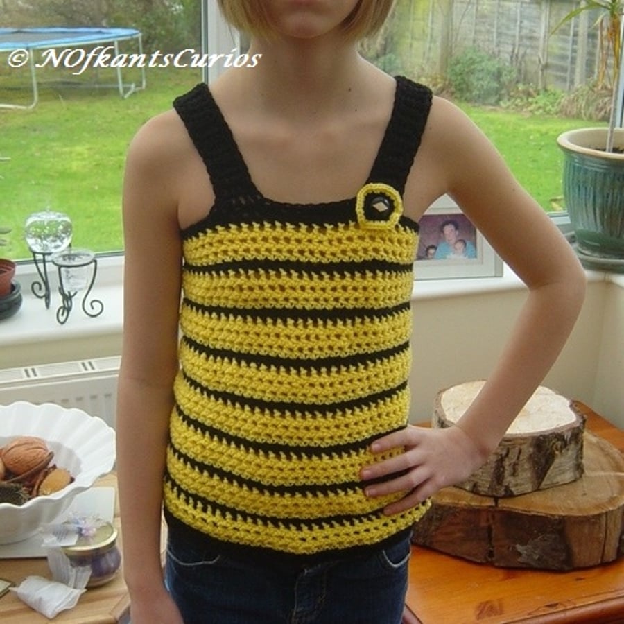 Bumble Bee Top, Girl's Crocheted Strappy top for Slim child.