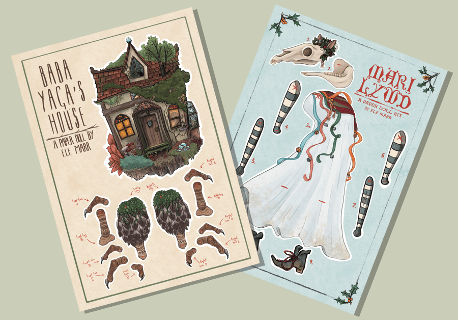 Mari Lwyd and Baba Yaga's hut - split pint jointed paper doll kits