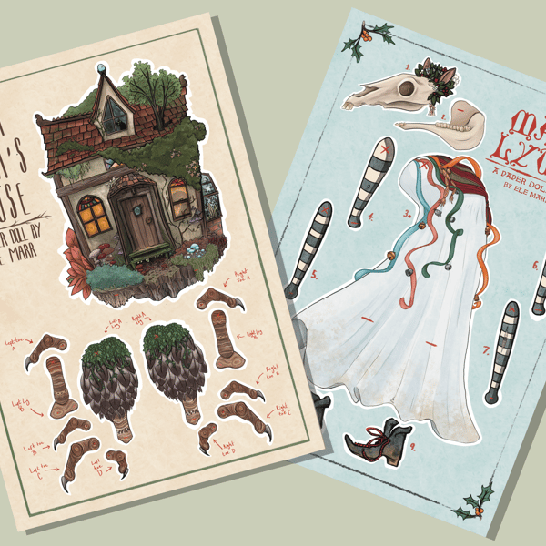 Mari Lwyd and Baba Yaga's hut - split pint jointed paper doll kits