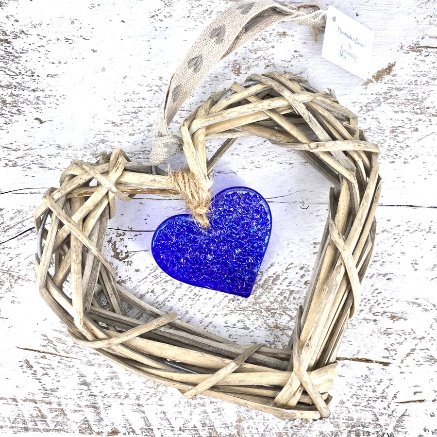 Fused Glass & Wicker Hanging Heart -  Turquoise
