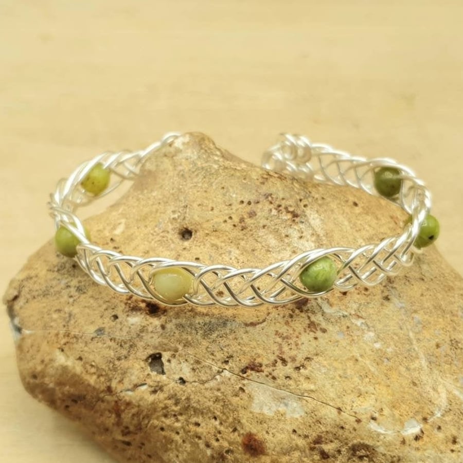 Adjustable Chrysoprase cuff bracelet. May Birthstone Wire wrapped Celtic Weave