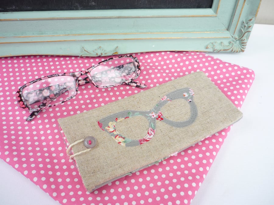 Rose Tinted Spectacles Glasses Case Handmade Linen Applique English Roses