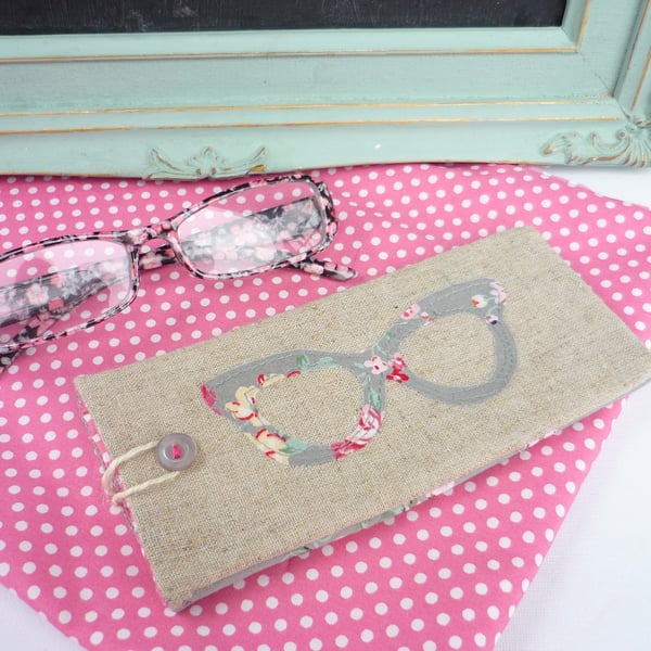Rose Tinted Spectacles Glasses Case Handmade Linen Applique English Roses