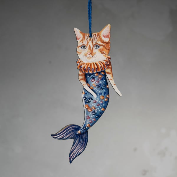 Cat mermaid wooden decoration, double sided- Louie the cat fish