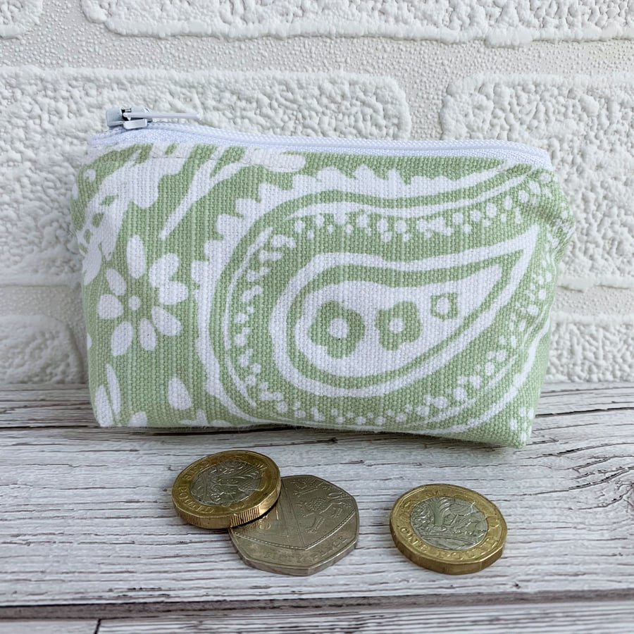 Small Purse, Coin Purse with Pale Green and White Paisley Pattern
